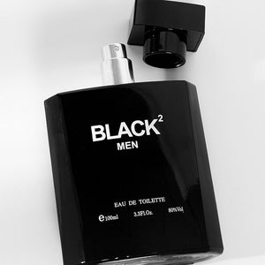 Men perfume with woody scent black bottle