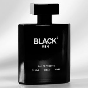 Men perfume with woody scent black bottle