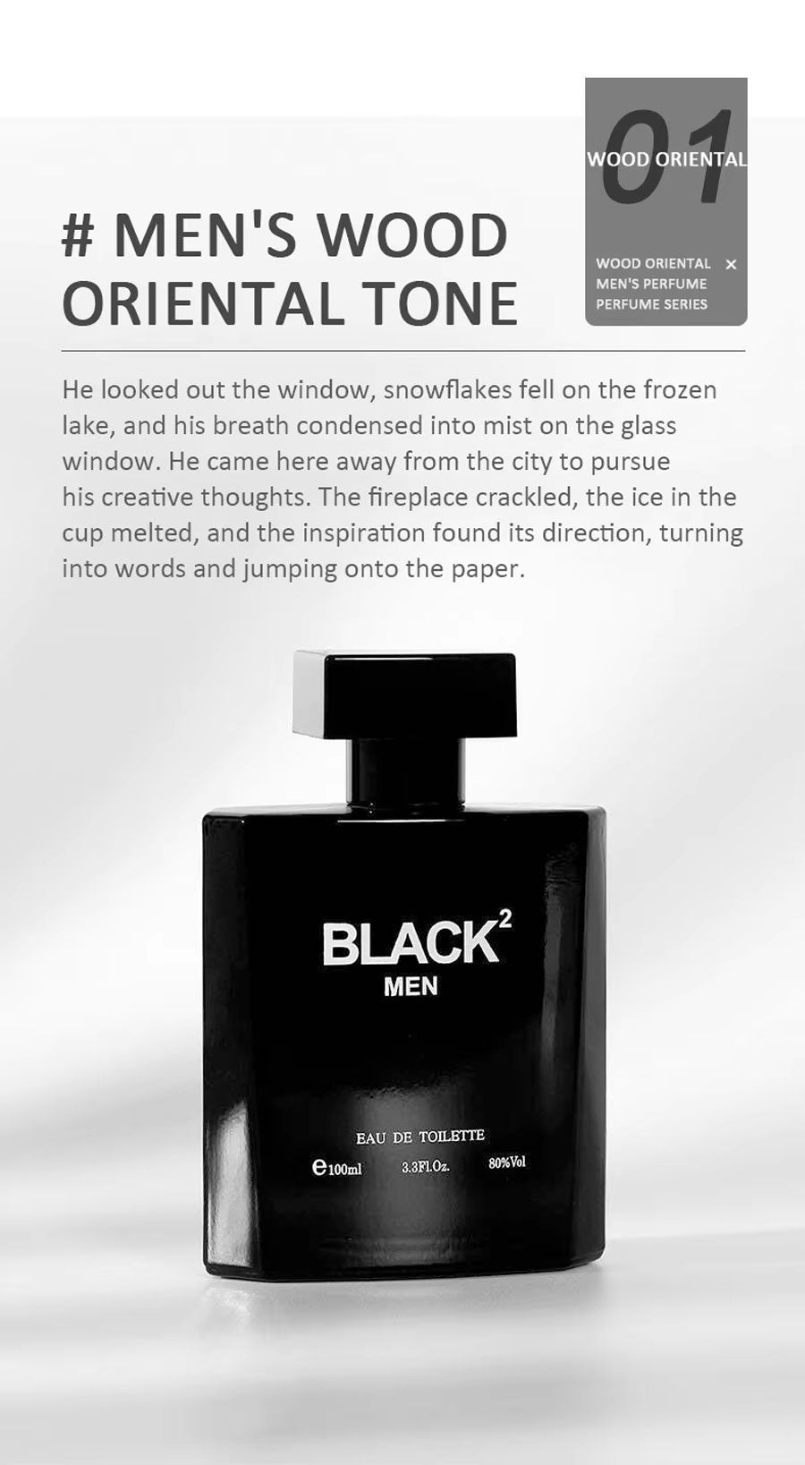 Men perfume with woody scent black bottle