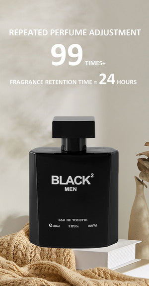 Men perfume with woody scent black bottle