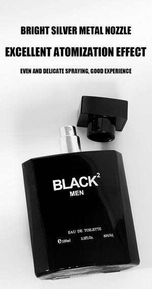 Men perfume with woody scent black bottle