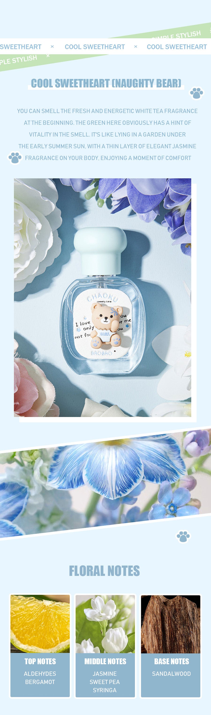 Bear women perfume fresh scent jasmine scent blue bottle